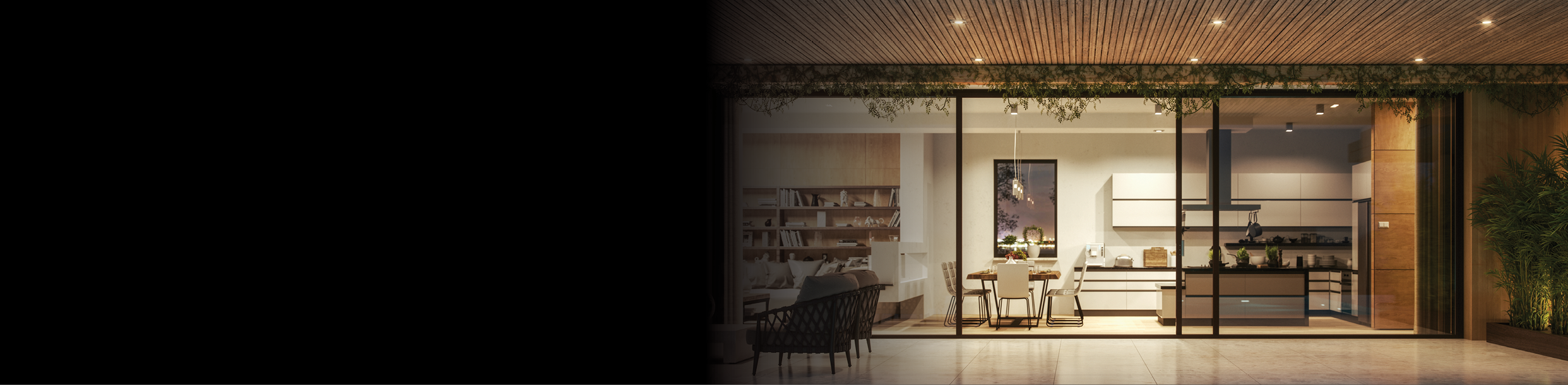 Luxury villa with swimming pool and patio furnitures at night.